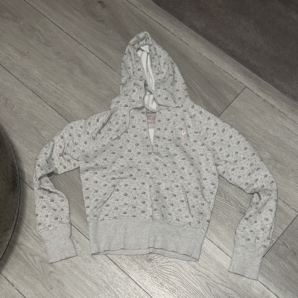 American Eagle Outfitters Light Gray Pink Floral Hoodie size small petite